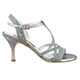 Tangolera A11 Notturno Sky T7 Italian Women's Shoes Model TBA11txt-Nslvx7 Iridescent Silver Grey Fabric over napa uppers Y-strap single ankle-strap sandals with silver gray nappa ankle-strap on Heel 7 (also available in Heel 9)