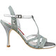 Tangolera A11 Notturno Sky T9 Italian Women's Shoes Model TBA11txt-Nslvx9 Iridescent Silver Grey Fabric over napa uppers Y-strap single ankle-strap sandals with silver gray nappa ankle-strap on Heel 9 (also available in Heel 7)