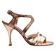 Tangolera A125 Rame T8 Italian Women's Shoes Model TBA125rme-cprx8 Laminated Copper Bronze covered heels and front strap with copper mesh on black background combo on borders and back straps double x-strap with elastic link sandals on Heel 9