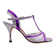 Tangolera A14 Viola Cangiante T8 - Model TBA14-vltcngx8 sandals in silver with violet (viola) design accents iridescent (cangiante) scales pattern uppers with dark violet ornaments and T-strap and same pattern covered heel 8