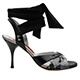 Tangolera A18 Nero Fiocco T8 Italian Women Shoes - Model TBA18bckrb-nrfcx8 Black & Silver python pattern Nappa covers combined with transparent front uppers single-strap with black ribbon ankle-strap sandals on uncovered Heel 8