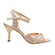 Tangolera A1CL Vernice Beige T7 Italian Women's Shoes - Model TBA1CLvrn-bgx7 shiny beige patent with glittered strap ornamental front bow and covered heel X-strap ankle-strap sandals on Heel 7 also available in Heel 9