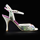Tangolera Glittery Flower - Italian Women's Shoes Model TBA2-gfgnpnkx9, Starlight Collection, pink plain & floral pattern glitter napa sandals with pink pois pattern borders (rame) and extra ankle-strap in Heel 9 (also available in Heel 7)