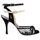 Tangolera A23 Mon Paris T9 Italian Women's Shoes Model TBA23mprs-bckpsx9 Black suede double strapped sandals with silver dotted details and strap and a second white napa strap on Heel 9 (also available on heel 7)