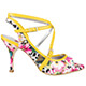 Tangolera A9 Summer Heel Fiori T8 Italian Women's Shoes Model TBA9shl-ylwflwrx8 angle sided flowers pattern napa uppers double-strap criss-cross strapped sandals with yellow nappa straps and rame on Heel 8