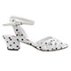 Tangolera D32 Bianco Pois Italian Women Shoes - model TBD32whtdts-bncpsx4 white background with small black polka dots pattern printed nappa leather with very low open heels practica sandals on Heel 4 cm