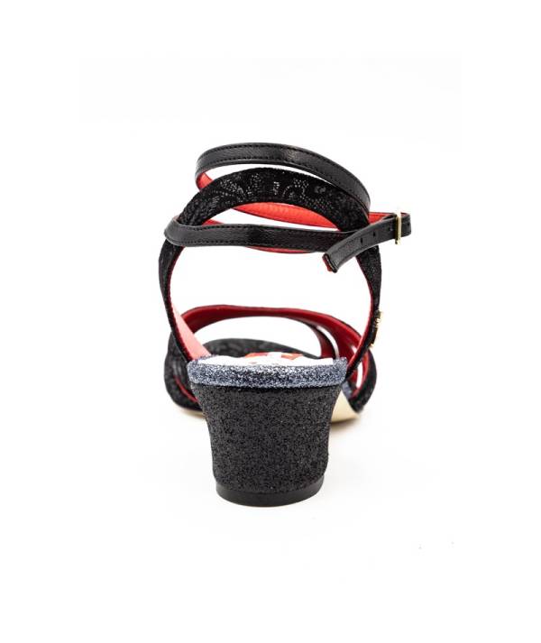 Tangolera - Pantofi - Noemi • D32 Nero Stampa Pizzo Calzata Stretta Suola Cuoio Heel 4 cm - imagine