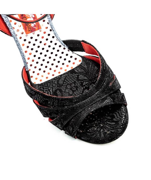 Tangolera - Pantofi - Noemi • D32 Nero Stampa Pizzo Calzata Stretta Suola Cuoio Heel 4 cm - imagine