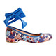 Tangolera D35 Ballerina Blu Fiori T2 Italian Women Shoes - Model TBD35prtcam-flwblux2 blue suede with printed flowers pattern uppers with same covered very low heels and borders ballet flats with criss-cross blue ribbon on Heel 2 cm