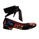 Tangolera D35 Ballerina Nero Fiori T2 Italian Women Shoes - Model TBD35prtcam-flwbckx2 black suede with printed flowers pattern uppers with same covered very low heels and borders ballet flats with criss-cross black ribbon on Heel 2 cm