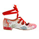 Tangolera D36 Ballerina Spring Flowers T2 Italian Women Shoes - Model TBD36prtcam-flwpstx2 white suede with red pastel printed flowers pattern uppers with same covered very low heels and borders ballet flats with criss-cross red ribbon through 3 eyelets on Heel 2 cm